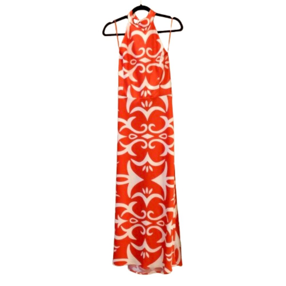 JOIE~RED & WHITE PRINTED HALTER MAXI LONG BACKLESSDRESS Size Medium NWT